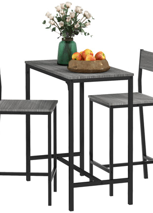 3 Piece Bar Table and Chairs, Industrial Dining Table Set for 2, Counter Height Kitchen Table with Bar stools, Breakfast Table Set for 2 for Small Space, Gray