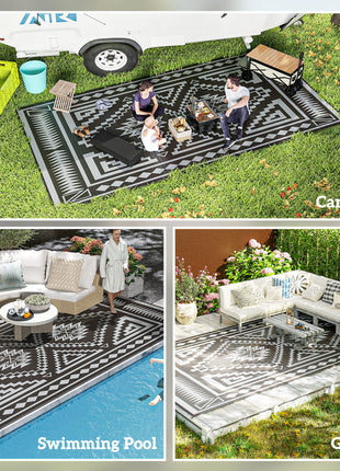 Reversible Outdoor Rug, Waterproof Plastic Straw with Carry Bag, 9' x 18', Black & Gray Square Patchwork