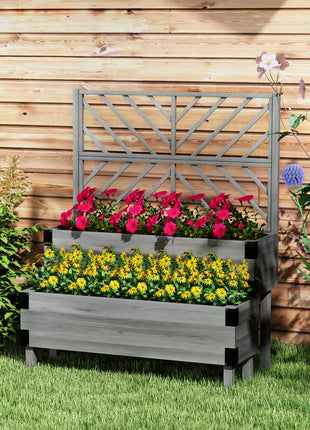 2 Tier Trellis Planter, Wooden Raised Garden Bed, Gray