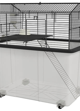22" 2-Tier Hamster Cage with Extra-Deep 14" Base, Small Animal Cage with Ramp, Water Bottle, Food Dish, Wheels, Black