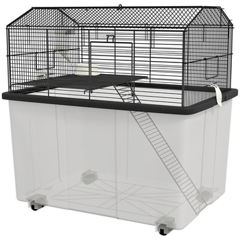 22" 2-Tier Hamster Cage with Extra-Deep 14" Base, Small Animal Cage with Ramp, Water Bottle, Food Dish, Wheels, Black
