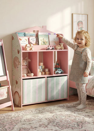 Kids Bookshelf with Storage, Toy Storage Unit with Book Display, Shelves and Fabric Drawers for Playroom Nursery, Pink