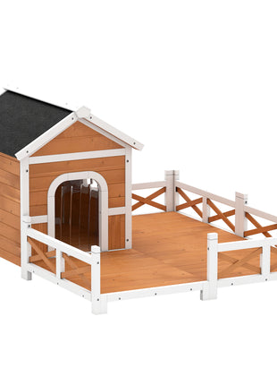 Outdoor Wooden Dog House, Dog Shelter with Large Porch, Weatherproof & Openable Roof, Elevated Base, Removable Floor