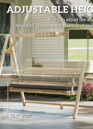 3 Seat Wooden Porch Swing with Stand, Patio Swing with Cushion, for Garden, Poolside, Backyard, Natural Wood