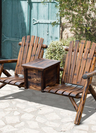 Double Wooden Adirondack Chair with Ice Bucket, Outdoor Loveseat with High Backrest, Smooth Armrest, Rustic Brown