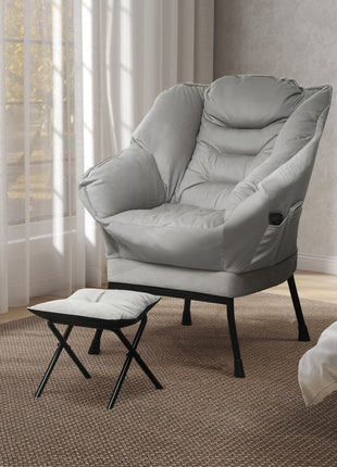 Lazy Chair and Ottoman Set, Fabric Upholstered Accent Chair with Side Pockets, for Living Room, Bedroom, Light Gray
