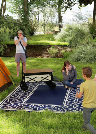 Reversible Outdoor Rug, Waterproof Plastic Straw with Carry Bag, 8' x 10', Blue & White Gourd Border