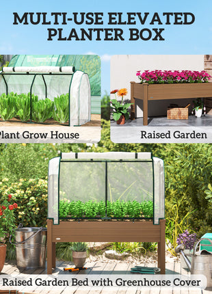 Raised Garden Bed with PE Greenhouse Cover Outdoor Planter Box for Herbs and Vegetables, 48 x 22 x 46 inch, Brown