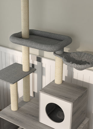 2 in 1 Floor to Ceiling Cat Tree with Litter Box Enclosure, Condo, Bed, Hammock, Scratching Posts, and Platforms, Gray