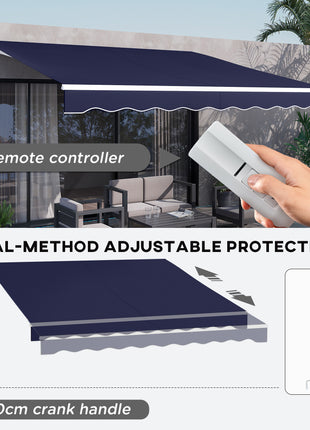 12' x 10' Electric Retractable Awning Sunshade Shelter with Remote Controller, Crank Handle for Deck Balcony Yard, Blue