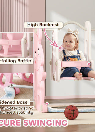 4 in 1 Toddler Slide and Swing Set with Climber, Basketball Hoop, Rabbit Themed Kids Playset for Ages 1.5-4, Pink