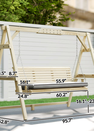 3 Seat Wooden Porch Swing with Stand, Patio Swing with Cushion, for Garden, Poolside, Backyard, Natural Wood