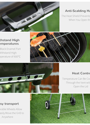 22" Charcoal Barbecue Grill with Portable Wheel, Side Tray and Lower Shelf for Outdoor BBQ for Garden, Backyard, Poolside