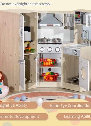Ultra-Big Corner Kids Kitchen Playset with Sound Effects, Wooden Play Kitchen  with Stainless Steel Cooking Toys, Imaginative Pretend Toy for Ages 3-6 with Phone, Ice Maker