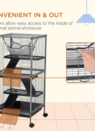 Metal Small Animal Cage Rolling Big Ferret Cage, Chinchilla Cage, Sugar Glider Cage, with Hammock & 4 Tiers, Removable Tray, Gray