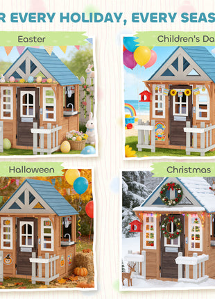 Wooden Kids Playhouse with Pet Door, Play Kitchen, Mailbox, Doorbell, Birdhouse, Fence and Windows for Pretend Play