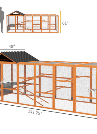 Wooden Chicken Coop Run for 6 - 10 Chickens, Hen House Add-On with Storage, Perches, 141.75" x 48" x 61", Orange