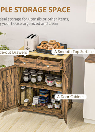 Kitchen Storage Cabinet, Sideboard Floor Cupboard with Solid Wood Top, Adjustable Shelf, and 2 Drawers, Brown