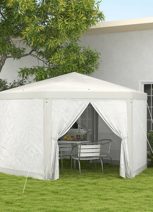 13' x 11' Outdoor Party Tent, Hexagon Sun Shade Shelter Canopy w/ Protective Mesh Sidewalls, Ropes & Stakes, Cream