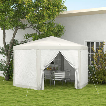 13' x 11' Outdoor Party Tent, Hexagon Sun Shade Shelter Canopy w/ Protective Mesh Sidewalls, Ropes & Stakes, Cream