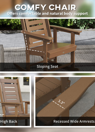 2 Pieces Outdoor Rocking Chairs, HDPE Patio Rockers with 28" High Back, Wide Armrests for Porch Backyard, Brown