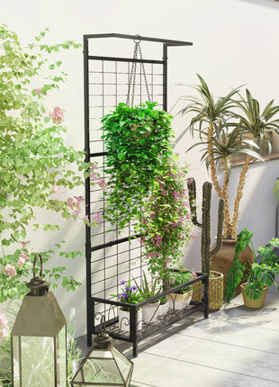Metal Tall Plant Stand with Trellis and Hanging Bar, Plant Holder for Indoor Outdoor Use, 35" x 12.8" x 74", Black
