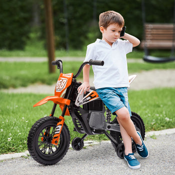 12V Kids Electric Motorcycle w/ Twist Grip Throttle, Training Wheels, Rear Suspension & Music, Orange