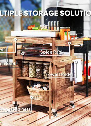 Outdoor Grill Cart with Stainless Steel Top, Solid Wood Outdoor Kitchen Island with Wheels, Drawer, Side Handle, Brown