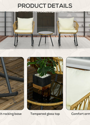 Wicker Outdoor Rocking Chair Set, 3 Piece Patio Bistro Set with 2 Porch Rocker Chairs, Glass Top Coffee Table and Cushions, Patio Conversation Set for Balcony, Backyard, Cream White