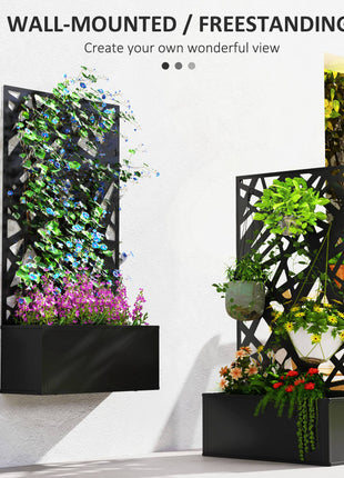 Metal Planter Box Raised Garden Bed with Decorative Privacy Screen, Wall-mounted or Freestanding, 24" x 9.1" x 44.5"
