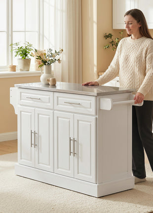 Rolling Kitchen Island Cart with 47" Stainless Steel Top, Portable Island Table for Kitchen with Wheels, Adjustable Shelves, 2 Drawers, Spice, Knife and Towel Rack, White