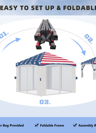 10' x 10' Pop Up Canopy Tent with Netting, Instant Tents for Parties, Height Adjustable, with Wheeled Carry Bag and 4 Sand Bags for Outdoor, Garden, Patio, American Flag