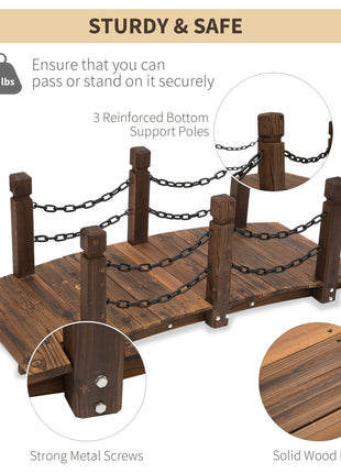 5 ft Wooden Garden Bridge Arc Footbridge with Metal Chain Railings & Solid Fir Construction, Carbonized