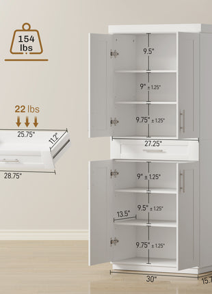 Modern Kitchen Pantry Freestanding Cabinet Cupboard with Doors and Drawer, Adjustable Shelving, White