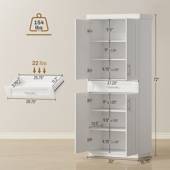Modern Kitchen Pantry Freestanding Cabinet Cupboard with Doors and Drawer, Adjustable Shelving, White
