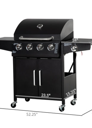 52" Barbecue Grill with Wheels 4+1 Burner Liquid Propane Gas Grill Outdoor Cabinet Style BBQ Trolley w/ Side Burner, Warming Rack