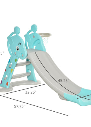 2 in 1 Kids Slide with Basketball Hoop, Foldable Toddler Freestanding Slider Playset, for 18 months -4 Years Deer Shaped, Includes Basketball, Pump - Blue