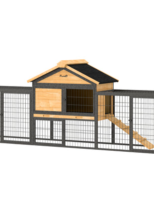 Wooden Rabbit Hutch Outdoor, 85" Large Bunny Cage with Steel Run, Removable Plastic Tray, Asphalt Roof, Ramp