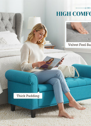 50 Inches Storage Ottoman, End of Bed Bench with Rolled Arms, Wood Legs, Button Tufted Storage Bench, Teal