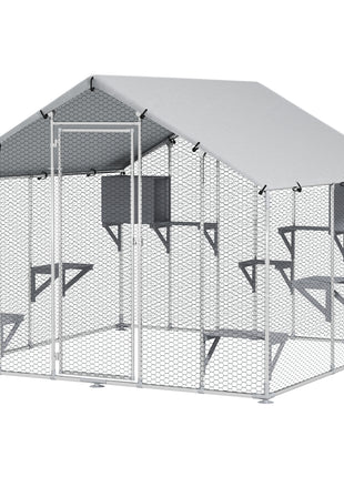 95" Extra Large Metal Outdoor Catio with Waterproof Cover, 2 Resting Boxes, 7 Jumping Platforms, for Multiple Cats