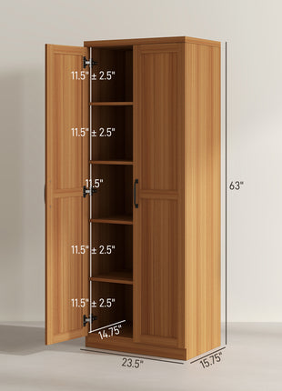 63" 2-Door Kitchen Pantry, Freestanding Cabinet with 2 Adjustable Shelves for Dining Room, Cinnamon Teak Wood Grain