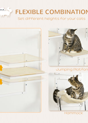 Cat Shelves for Indoor Cats, 6Pc Modern Cat Wall Furniture with Adjustable Height Jumping Platforms & Hammock, Cream White