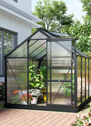 Polycarbonate Greenhouse, Heavy Duty Outdoor Aluminum Walk-in Green House Kit Vent Door, 6.2'x8.3'x6.6' Gray