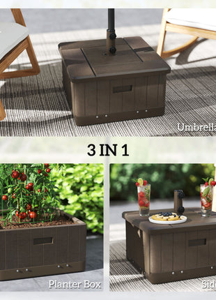 3-in-1 Outdoor Umbrella Base with Wheels and Handles, End Table, Flower Box Planter with Hole, 175 lbs. Capacity, Brown