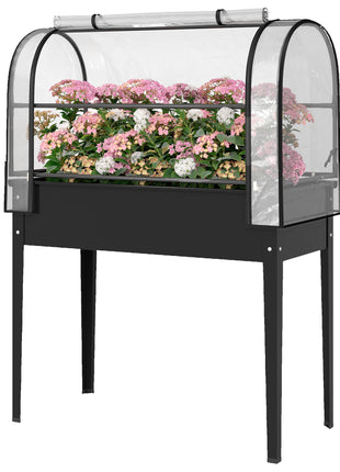 Raised Garden Bed with Flip-Up Greenhouse Cover, Metal Elevated Garden Bed with Legs and Drainage Hole, Black