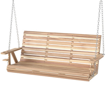 3-Seater Swing Bench, Wooden Porch Swing with Cupholders, Hanging Chains for Patio Garden, Nature Wood