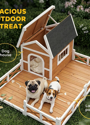Outdoor Wooden Dog House, Dog Shelter with Large Porch, Weatherproof & Openable Roof, Elevated Base, Removable Floor