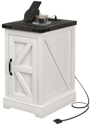 Farmhouse End Table with Storage, Side Table with Charging Station and USB Ports for Living Room, Distressed White