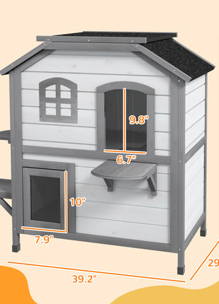 Wooden 2-Story Outdoor Cat House, Feral Cat Shelter Kitten Condo with Openable Asphalt Roof and 4 Platforms, White