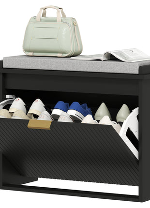 Shoe Storage Bench with Padded Seat Cushion and Flip-Drawer, Entryway Bench, Shoe Cabinet, 24.4x10.2x18.7 Inches, Black